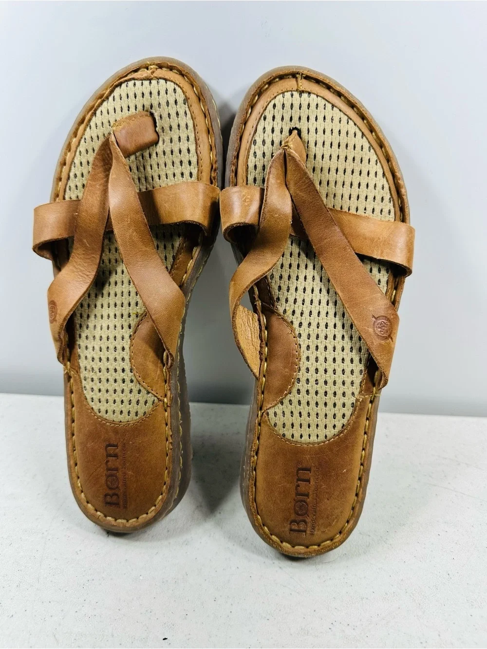 Born Tan Leather Crisscross Slide Sandals